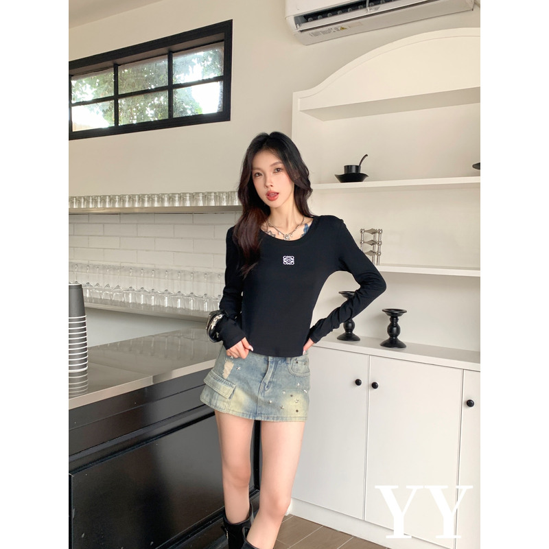 Loewe Embroidered Cotton Long Sleeve Top Black And Stitched Distressed Denim Short Skirt Light Blue