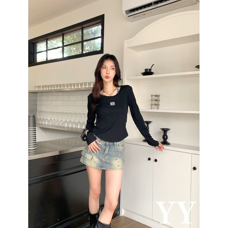 Loewe Embroidered Cotton Long Sleeve Top Black And  Stitched Distressed Denim Short Skirt Light Blue