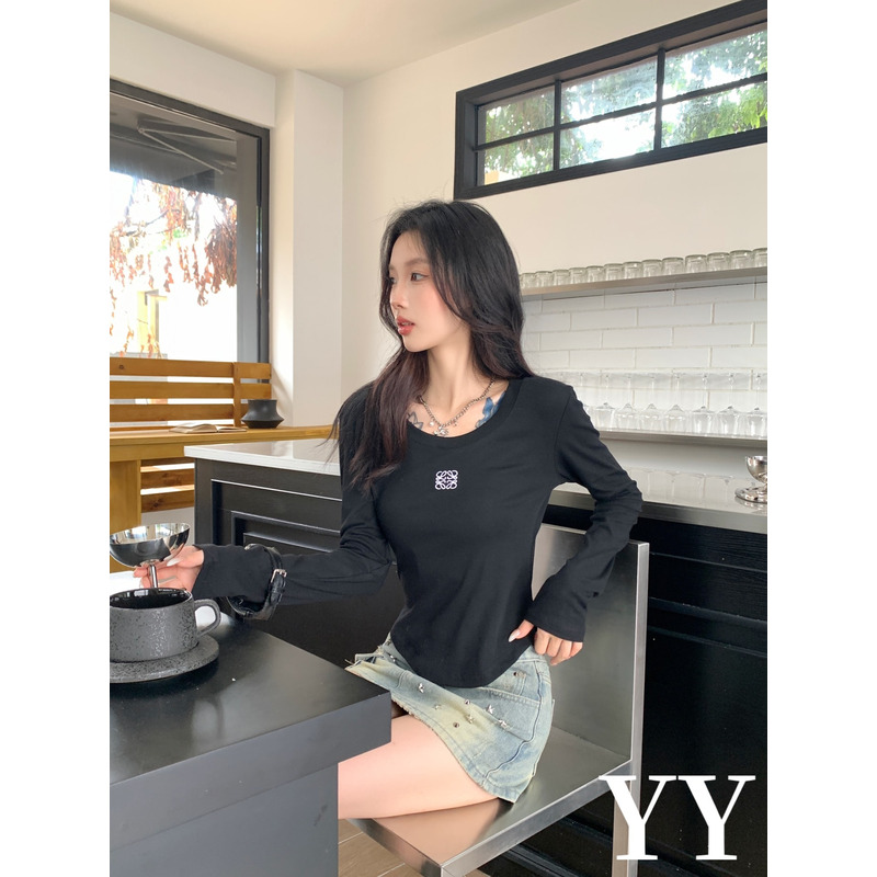 Loewe Embroidered Cotton Long Sleeve Top Black And  Stitched Distressed Denim Short Skirt Light Blue