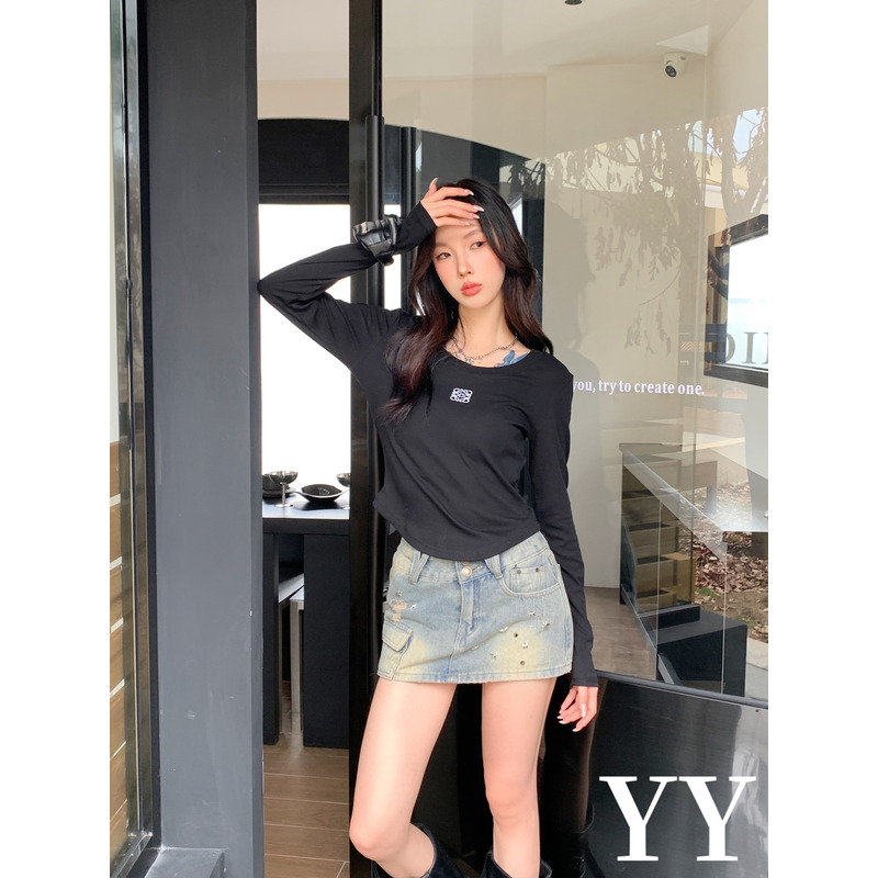 Loewe Embroidered Cotton Long Sleeve Top Black And  Stitched Distressed Denim Short Skirt Light Blue