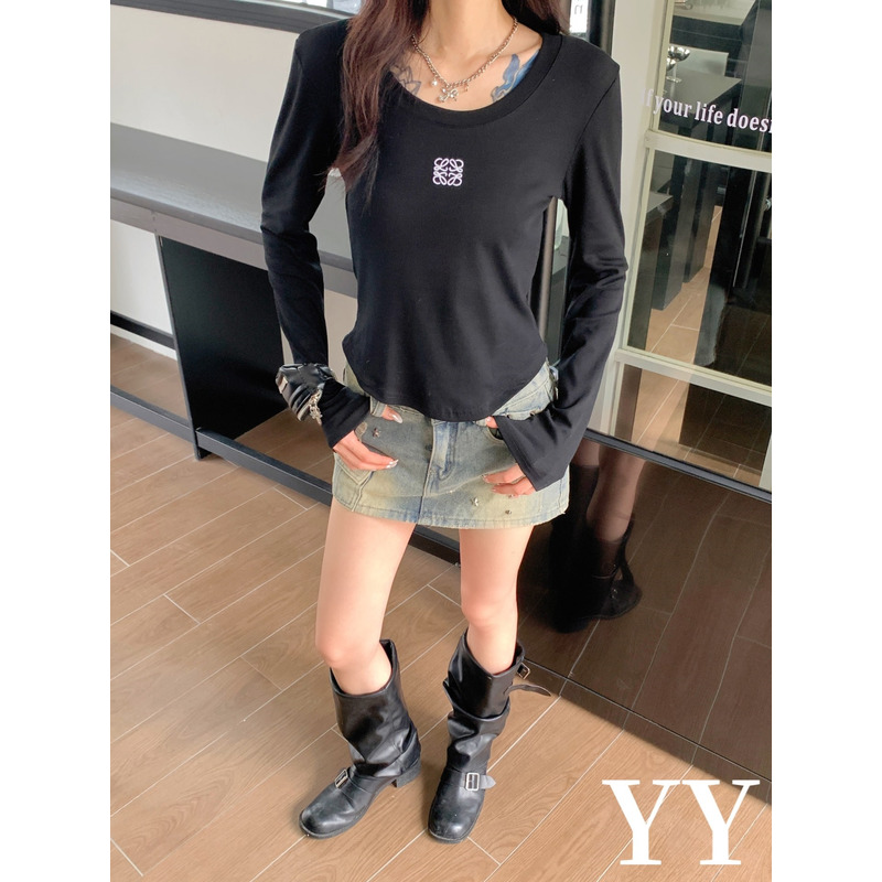 Loewe Embroidered Cotton Long Sleeve Top Black And  Stitched Distressed Denim Short Skirt Light Blue