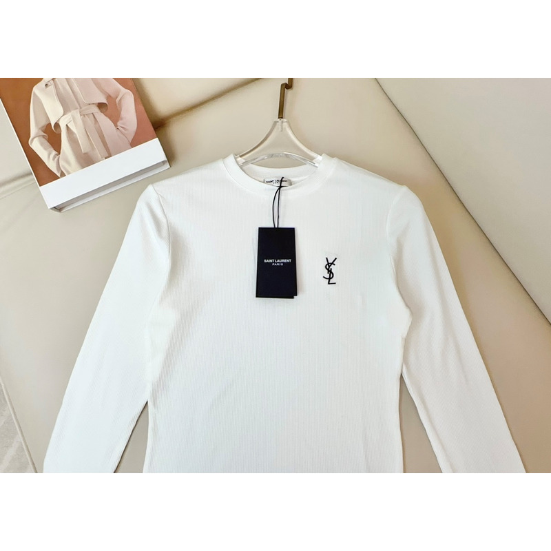 Saint Laurent Printed Logo Slim-Fit Long Sleeve T-shirt in Cotton White