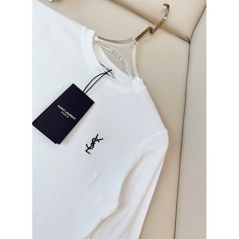 Saint Laurent Printed Logo Slim-Fit Long Sleeve T-shirt in Cotton White