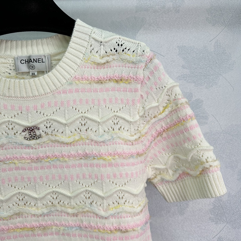 Ch*el logo knitted hollow short sleeve white&pink