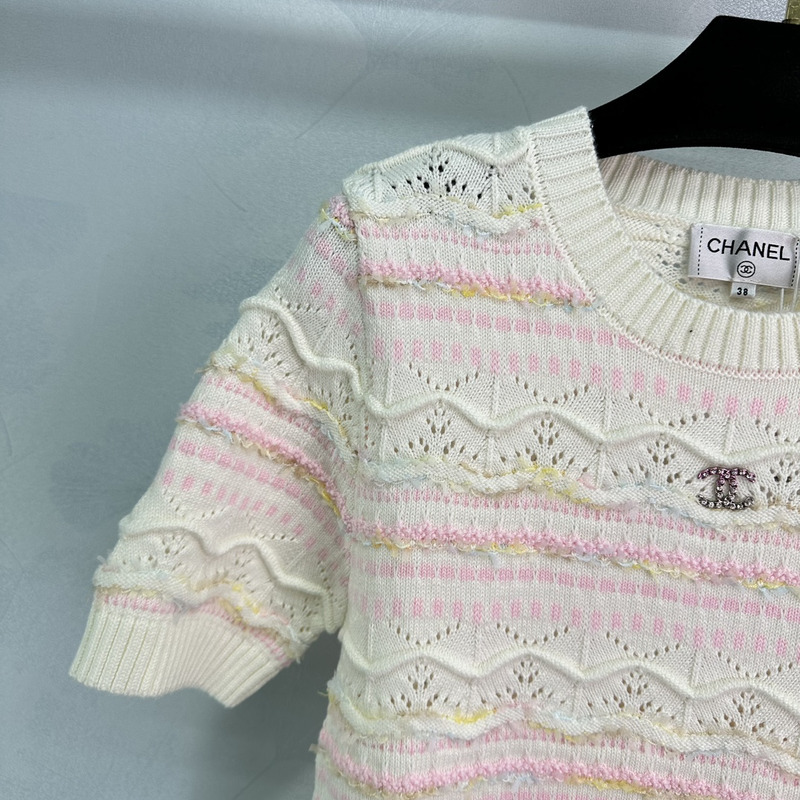 Ch*el logo knitted hollow short sleeve white&pink