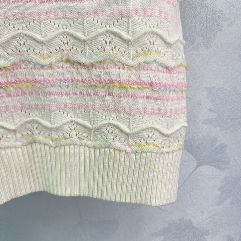 Ch*el logo knitted hollow short sleeve white&pink