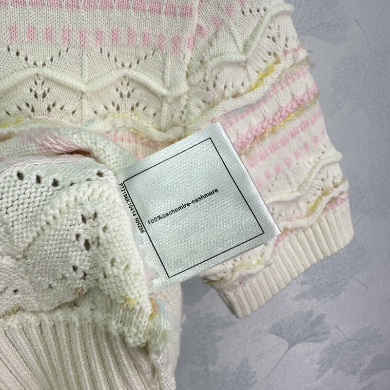 Ch*el logo knitted hollow short sleeve white&pink