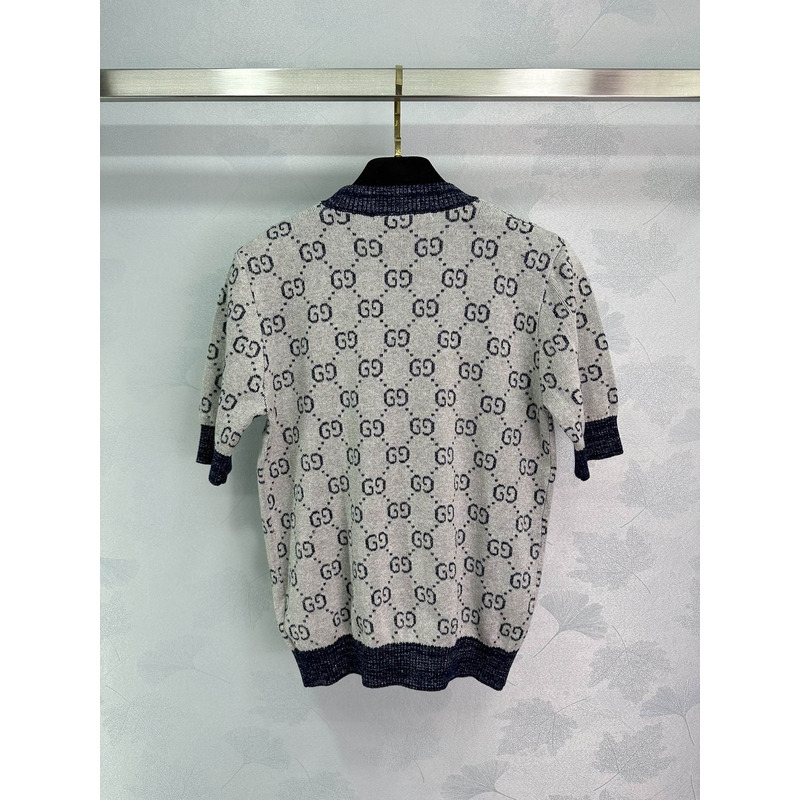 G*u*i gg gold and silver thread jacquard top ivory and blue