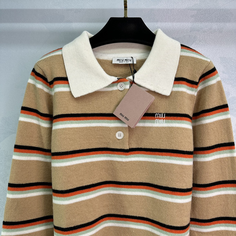 Miumiu Striped Knit Polo Top Dark Beige