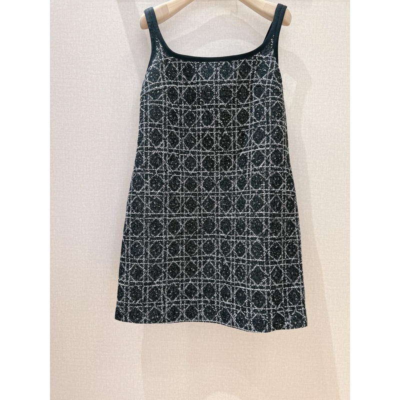 D*or macrocannage short dress technical cotton tweed black&white