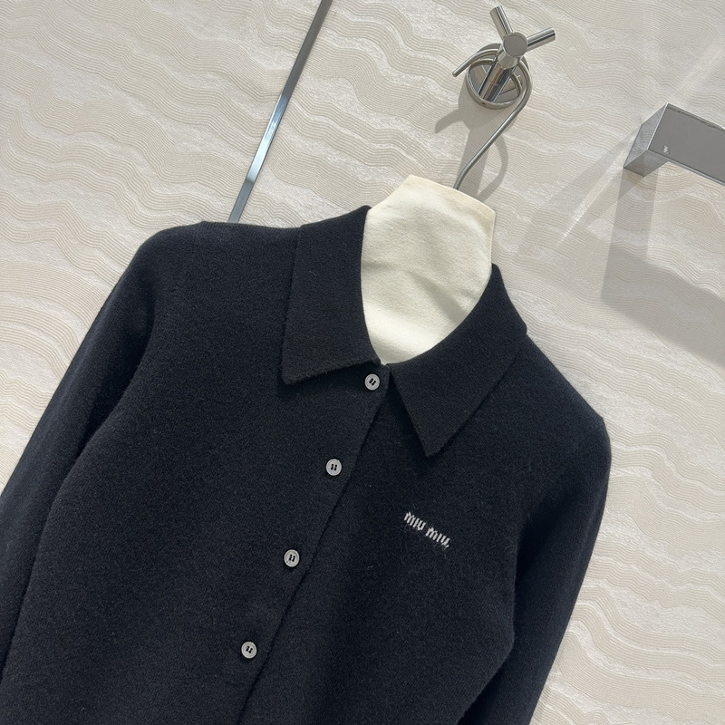 Miu Miu Logo Embroidered Long Sleeve Cashmere Cardigan Black
