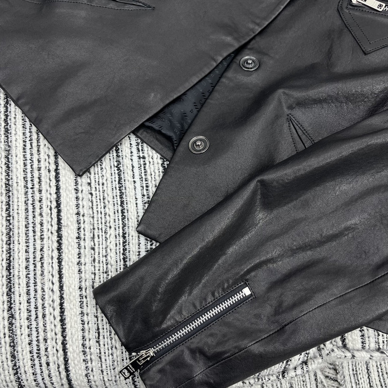 Pra*a collarless leather jacket black