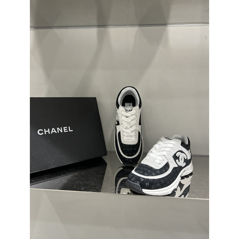 Ch*el  nylon suede calfskin printed cc sneakers white black