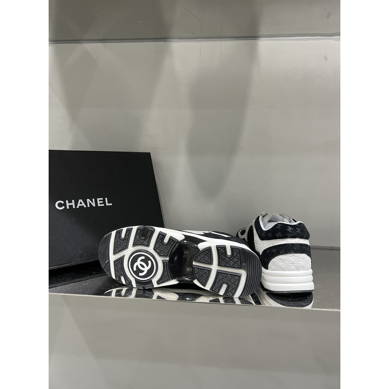 Ch*el  nylon suede calfskin printed cc sneakers white black