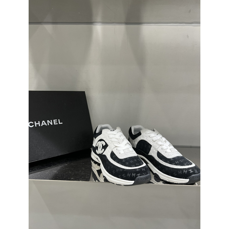 Ch*el  nylon suede calfskin printed cc sneakers white black
