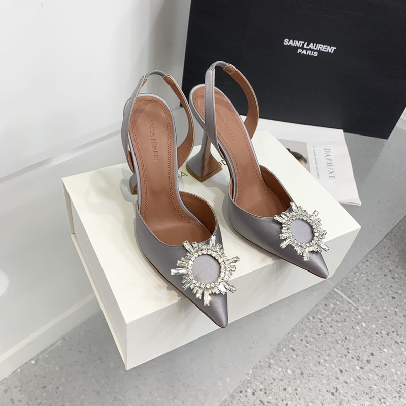 Amina Muaddi Begum Crystal Satin Slingback Pumps Gray