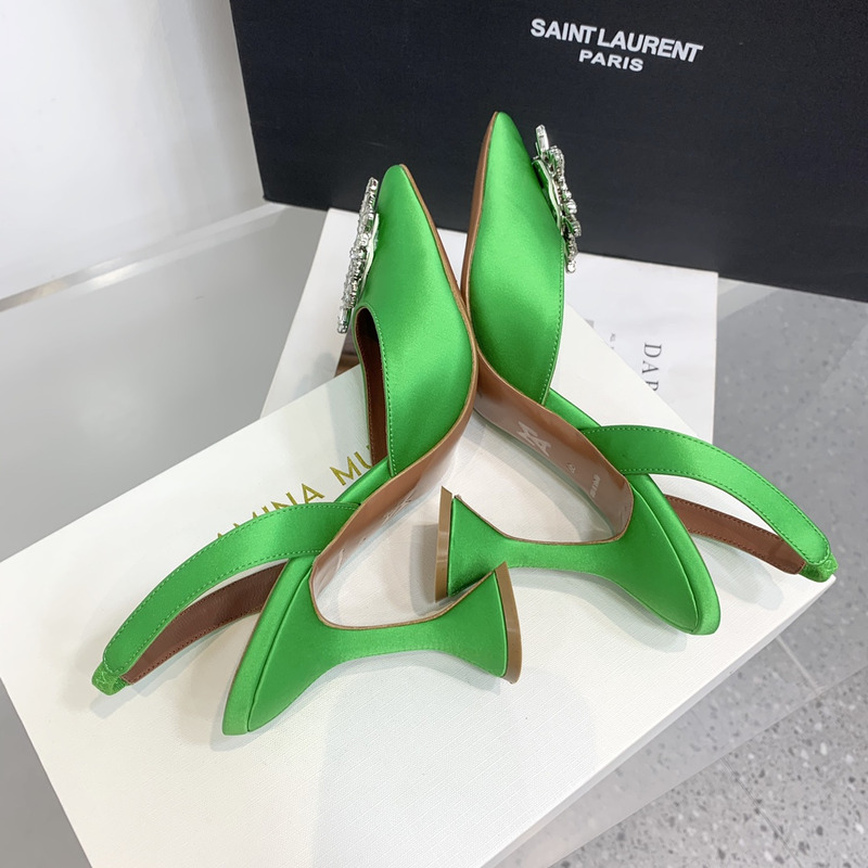 Amina Muaddi Begum Crystal Satin Slingback Pumps Bright Green