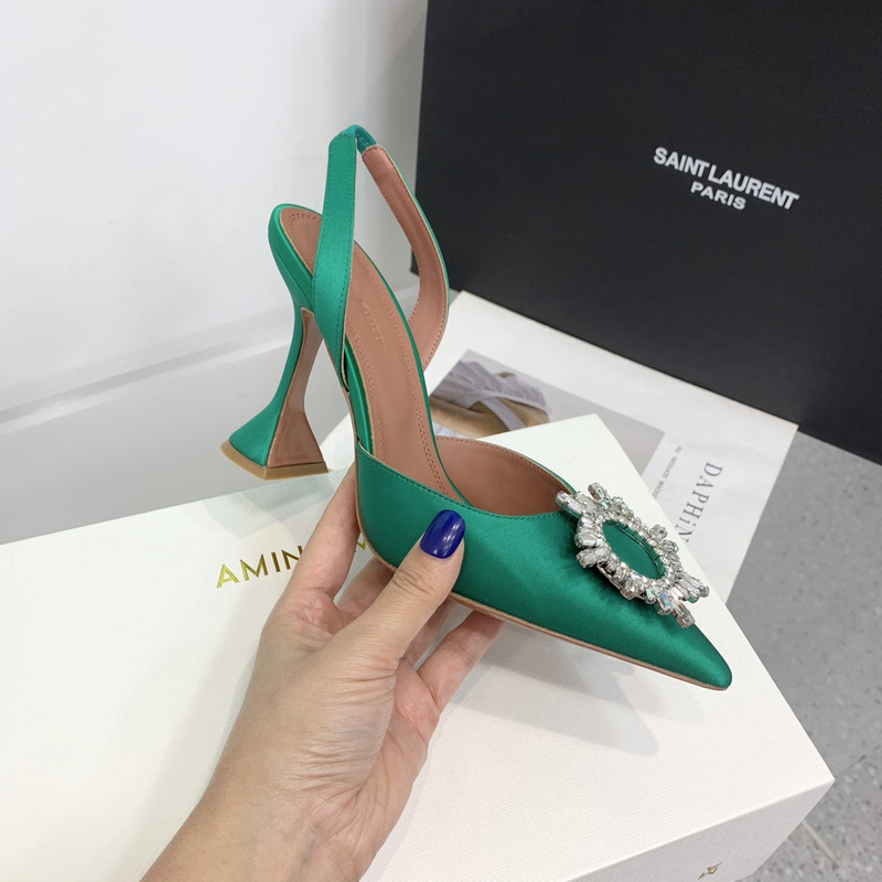 Amina Muaddi  Begum Sling Silver Mirror Dark Green