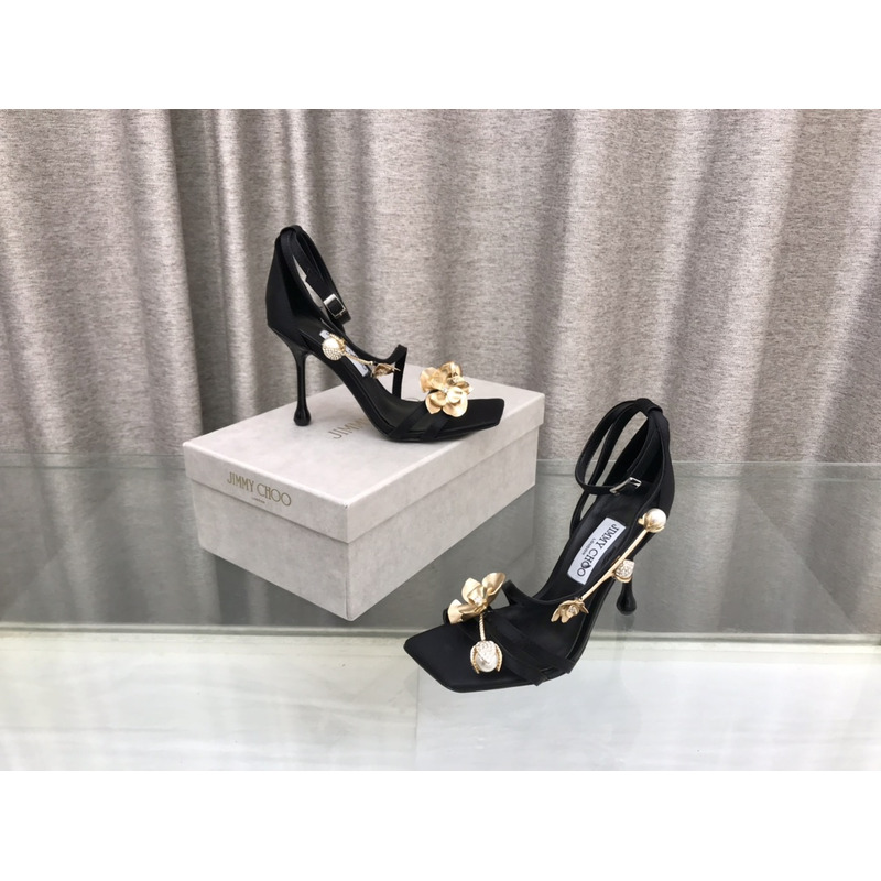 Jimmy Choo Zea 95 Black Satin Sandals with Metal Flowers
