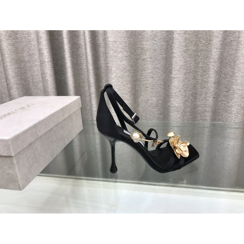 Jimmy Choo Zea 95 Black Satin Sandals with Metal Flowers
