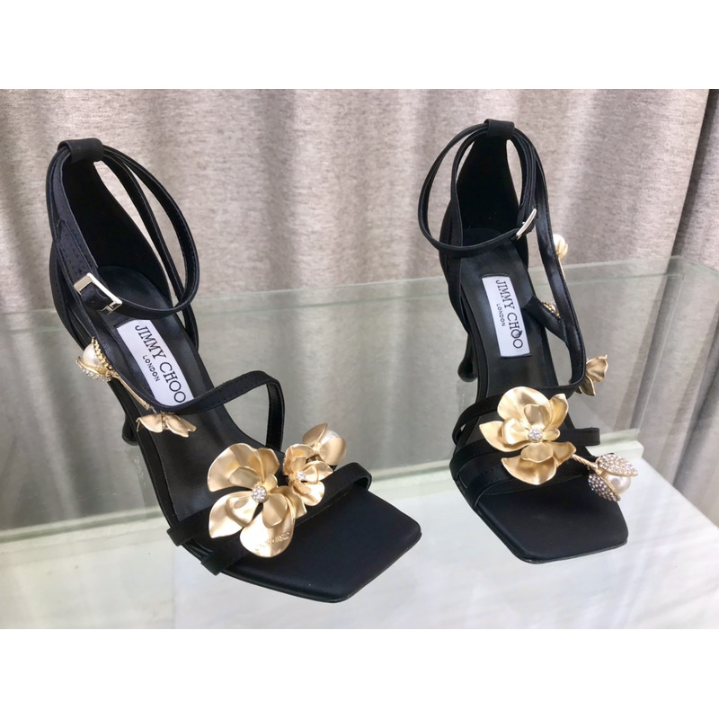Jimmy Choo Zea 95 Black Satin Sandals with Metal Flowers