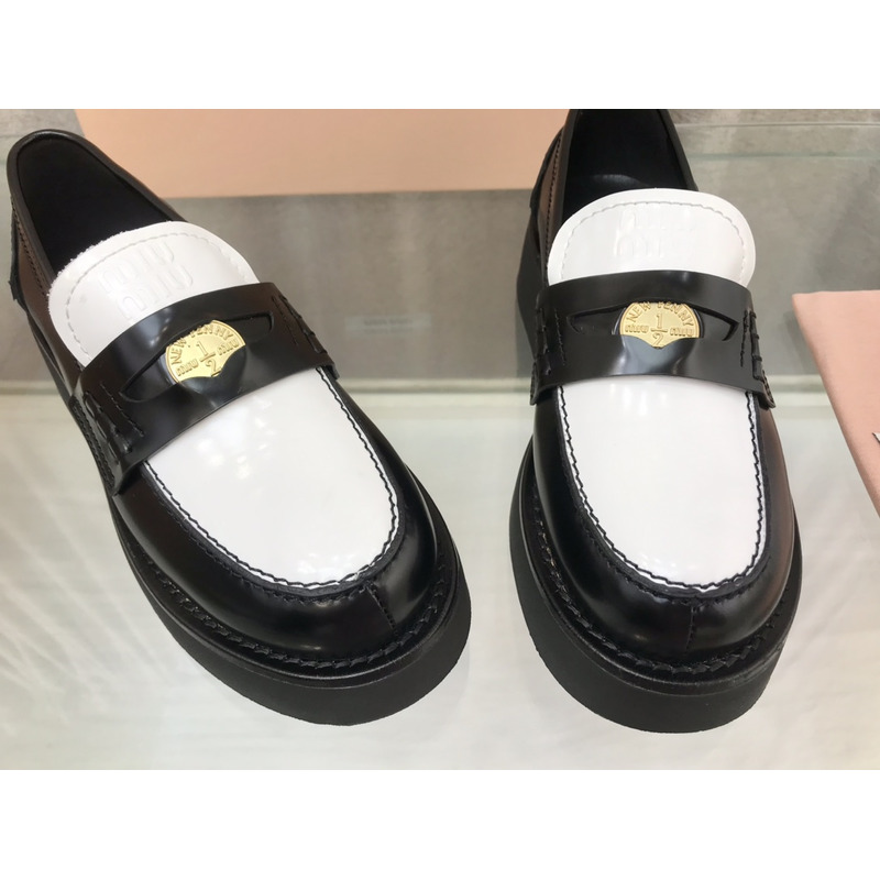Miumiu Leather Penny Loafers Black And White