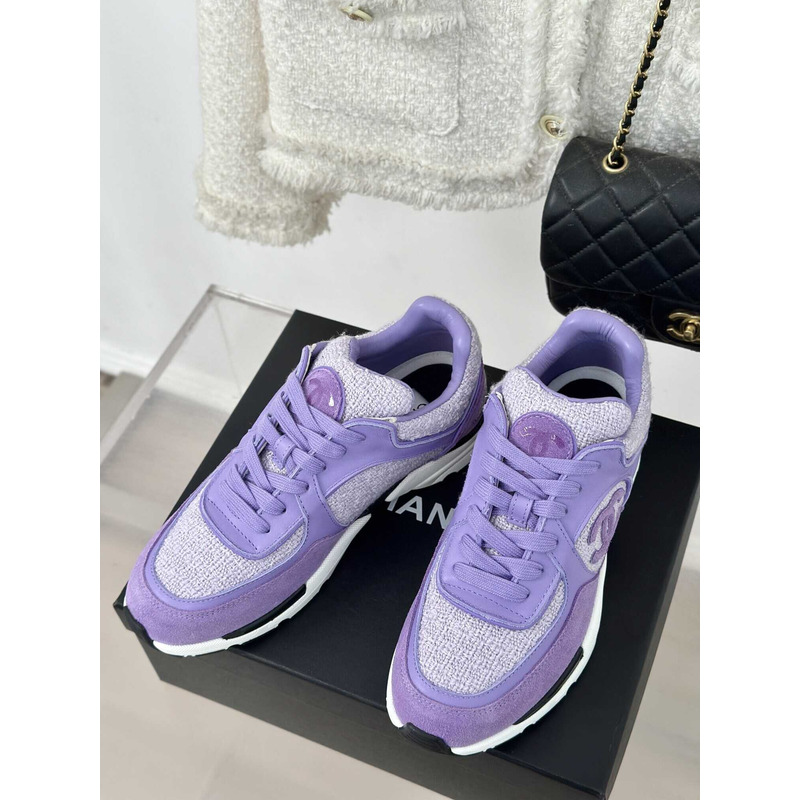 Ch*el iridescent wool tweed calfskin & suede calfskin sneaker lilac & purple