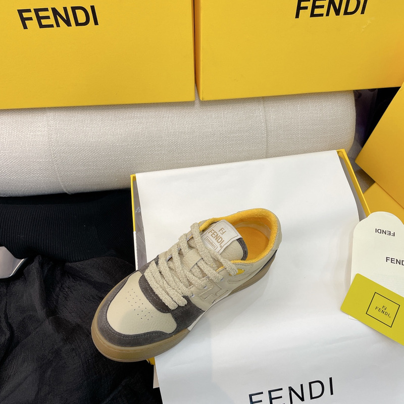 F**di calfskin suede F**di match low top sneakers dodo straw yellow