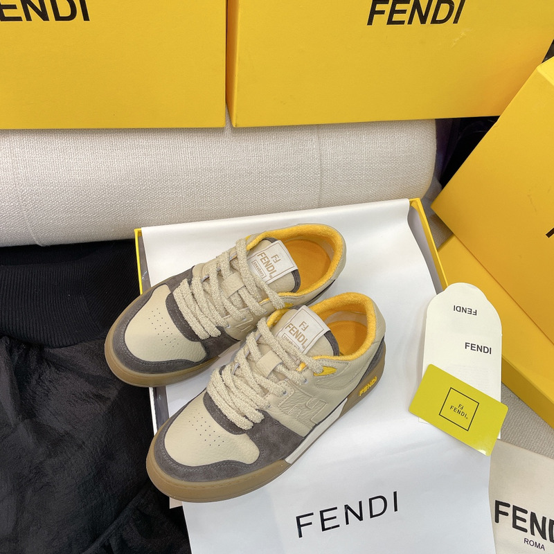 F**di calfskin suede F**di match low top sneakers dodo straw yellow