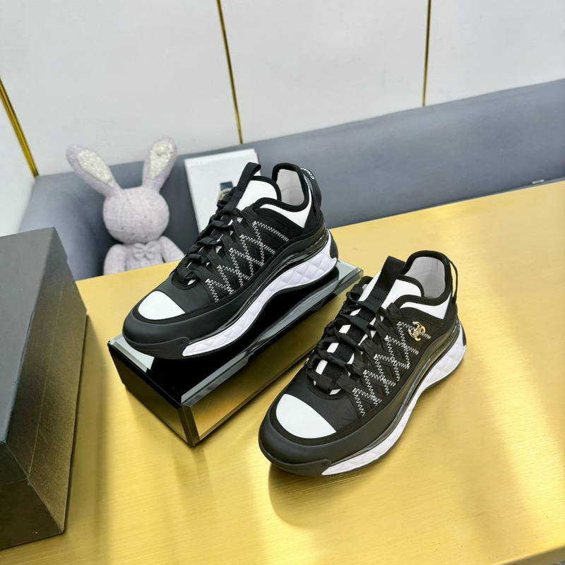 Ch*el sneakers silk cowhide & tarps black&white