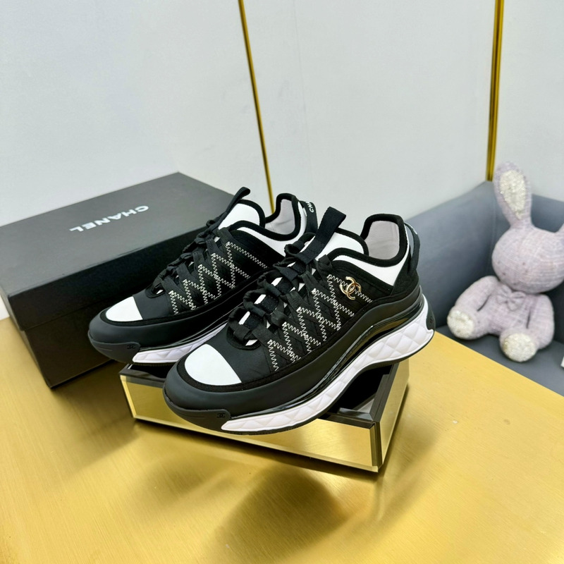 Ch*el sneakers silk cowhide & tarps black&white