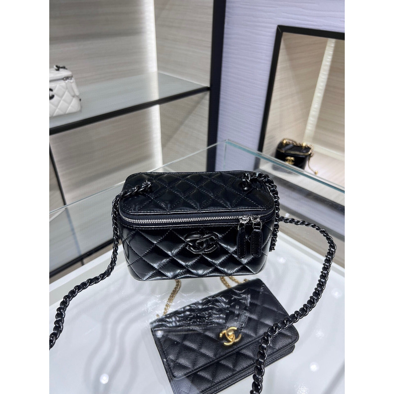 Ch*el shiny crumpled calfskin quilted crystal top handle vanity case with chain black