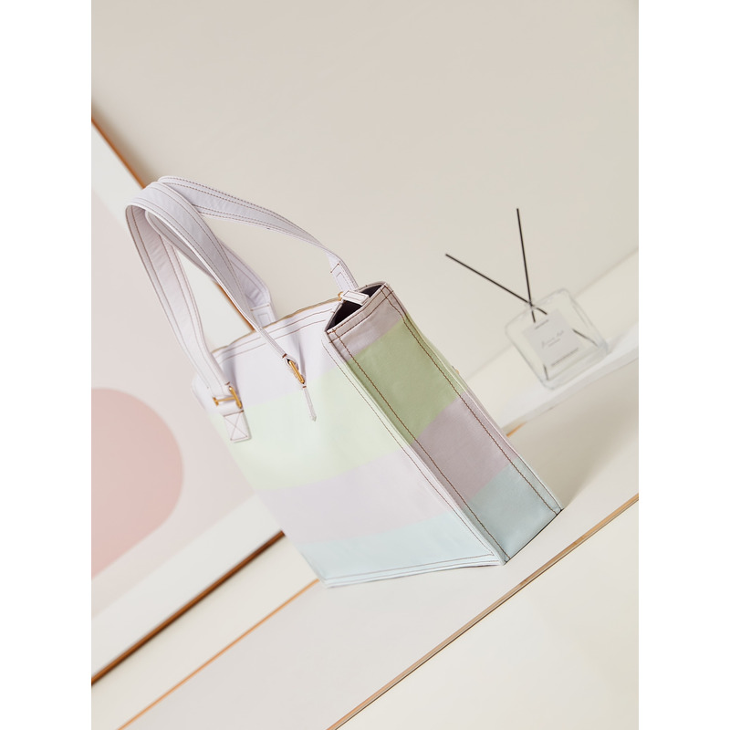 Ch*el printed denim & gold-tone metal shopping bag light pink, light yellow & light blue