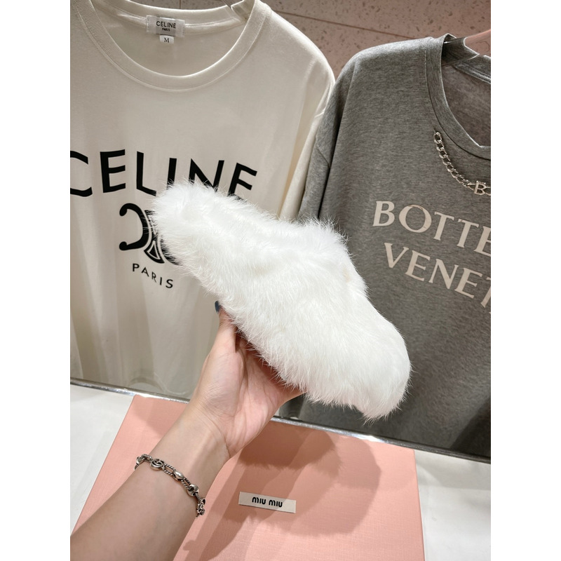 Miu Miu Logo Winter Fluffy Fur Slippers White