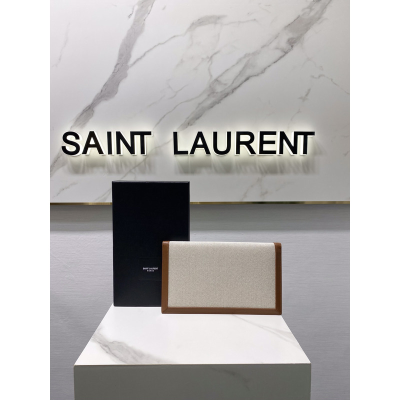 Saint Laurent Uptown Leather-trimmed Canvas Pouch Beige