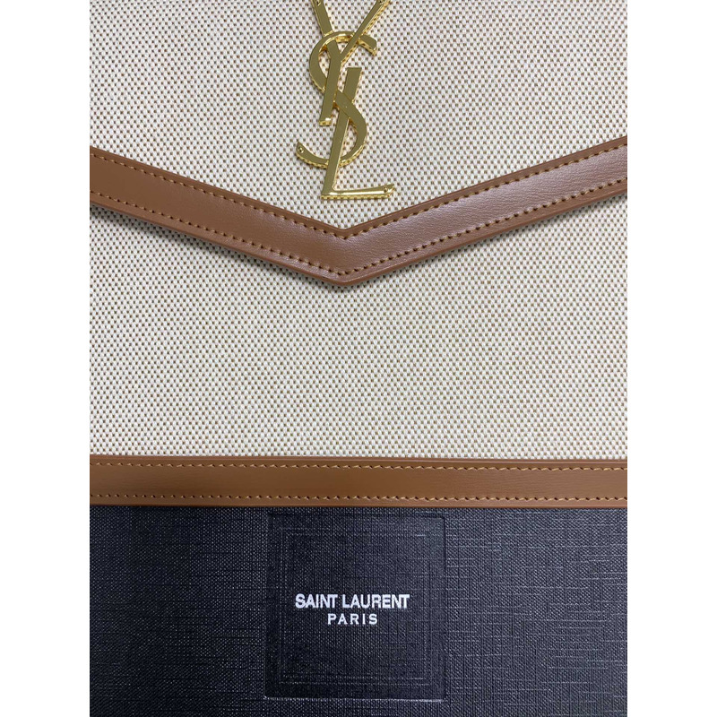 Saint Laurent Uptown Leather-trimmed Canvas Pouch Beige