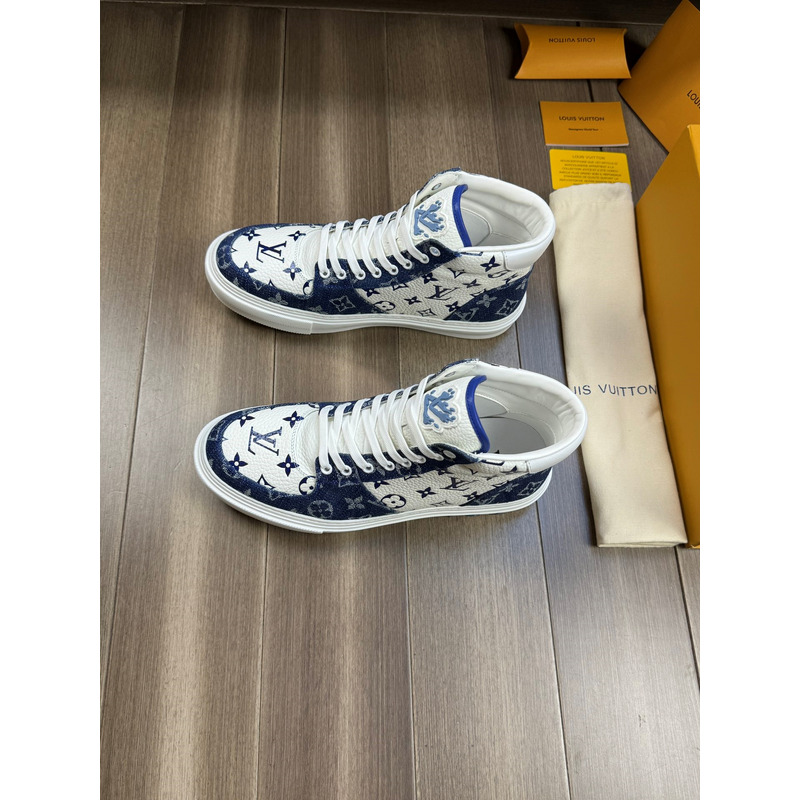 l**is V*t*n trainer high top monogram white and blue