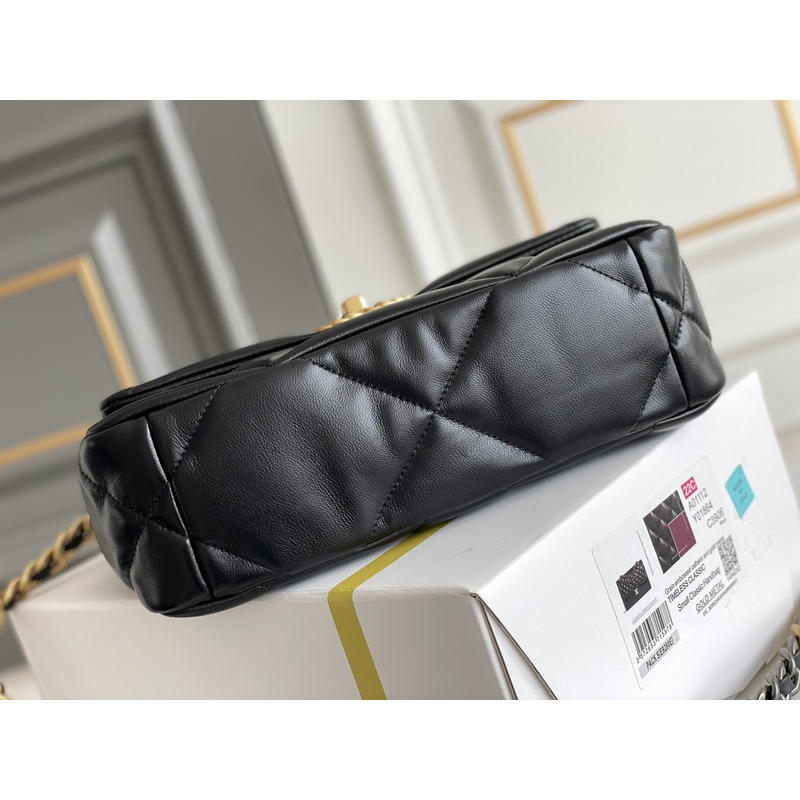 Ch*el 19 handbag shiny lambskin gold-tone black