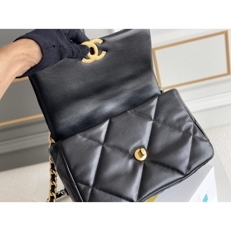 Ch*el 19 handbag shiny lambskin gold-tone black