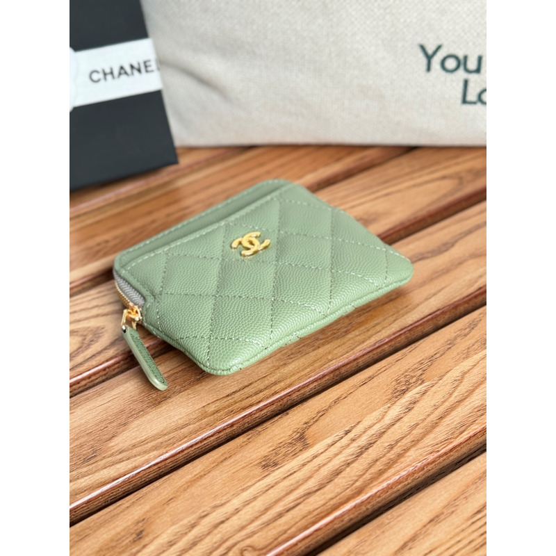 Ch*el classic zip coin purse calfskin green