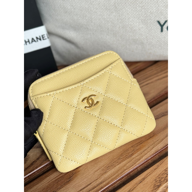 Ch*el classic zip coin purse calfskin yellow
