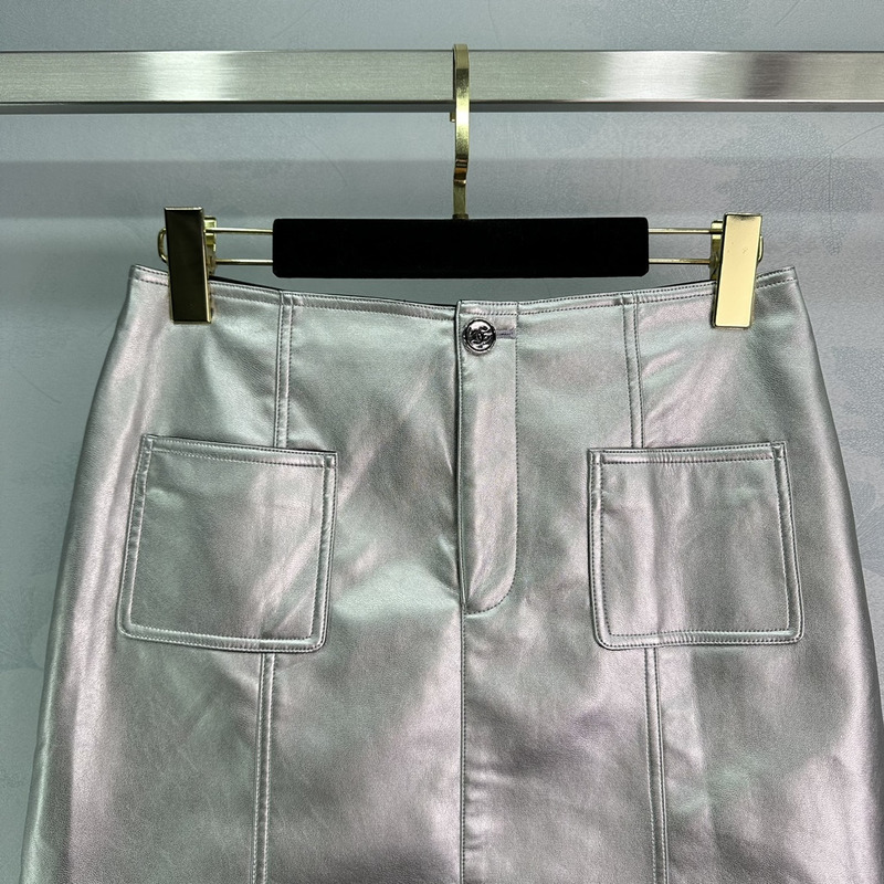 Ch*el skirt metallic lambskin silver