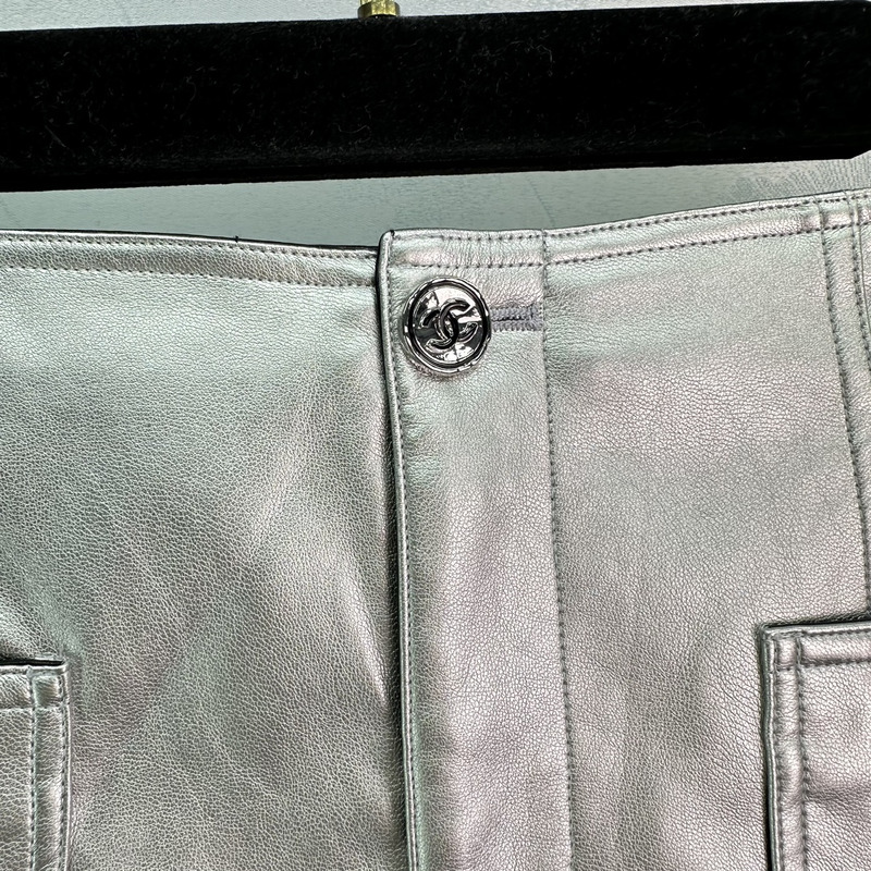 Ch*el skirt metallic lambskin silver