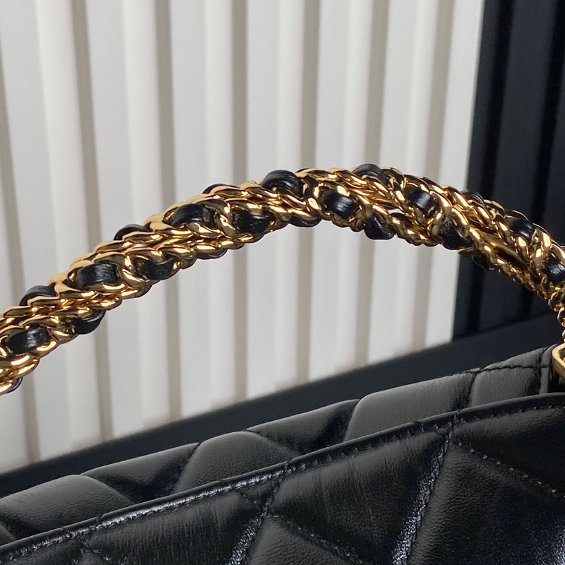 Ch*el clutch with chain shiny lambskin & gold-tone metal in black