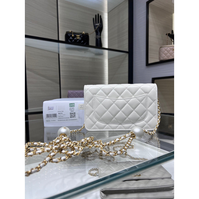 Ch*el lambskin, imitation pearls & gold metal in white