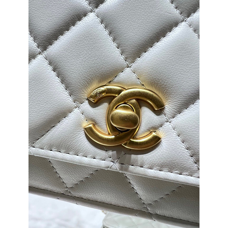 Ch*el lambskin, imitation pearls & gold metal in white