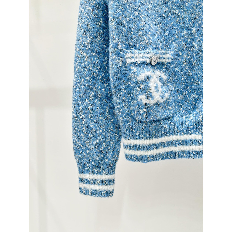 Ch*el logo long sleeve cardigan sweater in blue