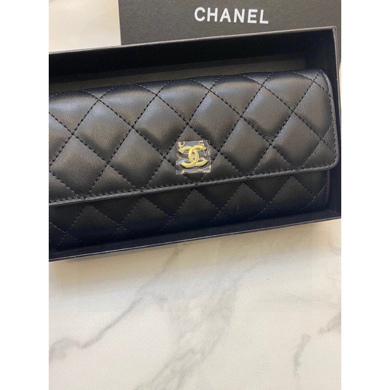 Ch*el quilted leather long wallet black