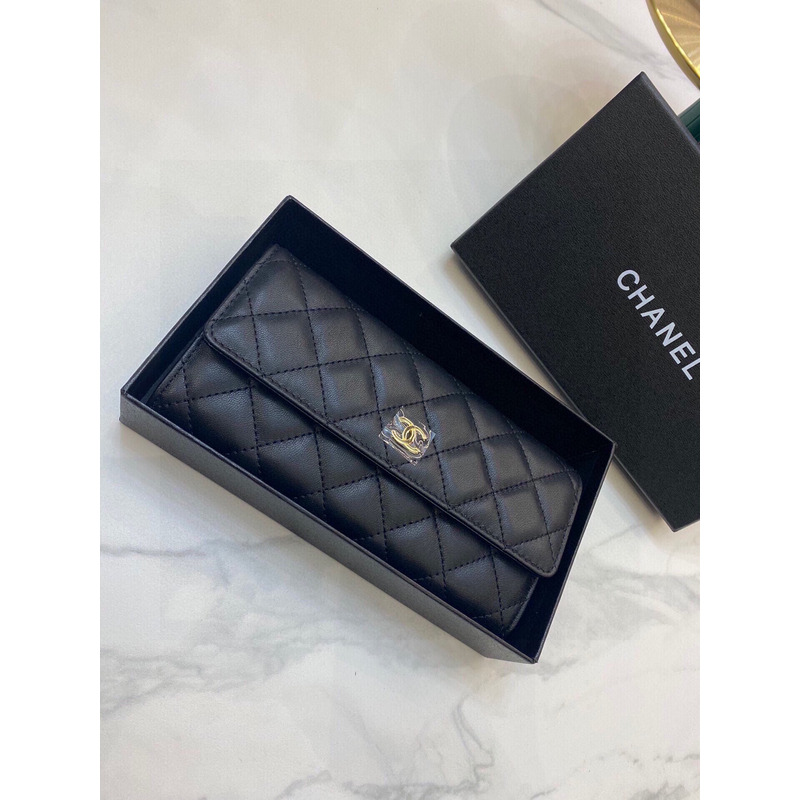 Ch*el quilted leather long wallet black