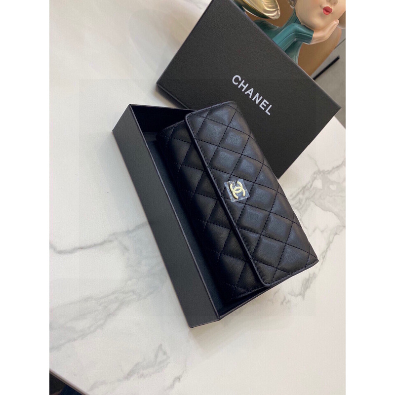 Ch*el quilted leather long wallet black
